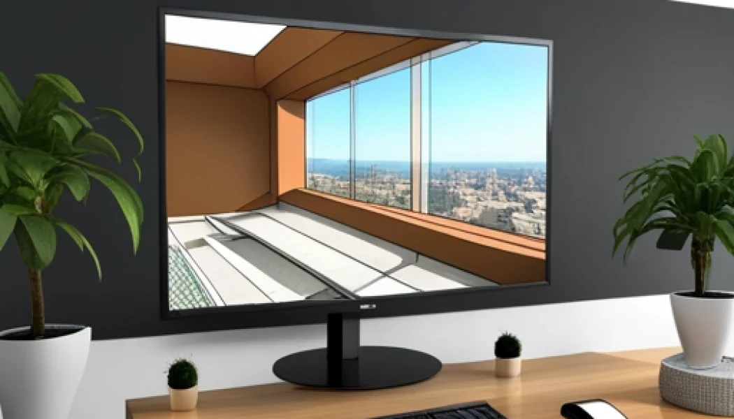 Una imagen realista de un monitor amoled para arquitectos. Debe ser un monitor de alta resolución, con una imagen nítida y colores precisos. La pantalla debe mostrar un software de modelado 3D de arquitectura, con una estructura compleja ya renderizada. La imagen debe tener un ambiente profesional y limpio, con una iluminación brillante pero equilibrada. Puedes agregar elementos de diseño adicionales, como bocetos a lápiz y herramientas de dibujo, para darle un toque más auténtico.