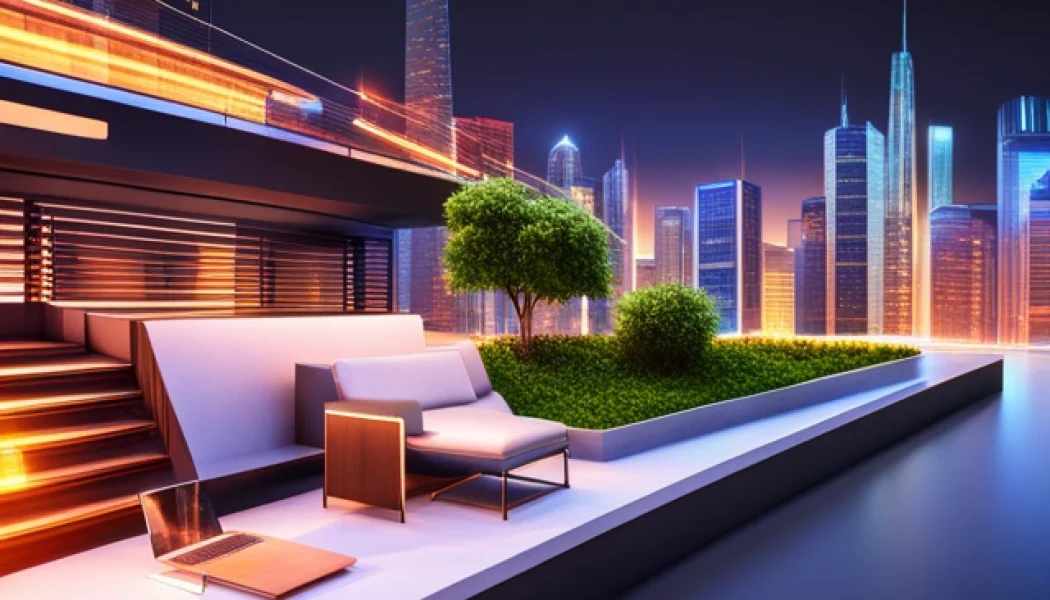 create a realistic laptop an a computer desktop , showcase architectural, complex, colorful, 4k
